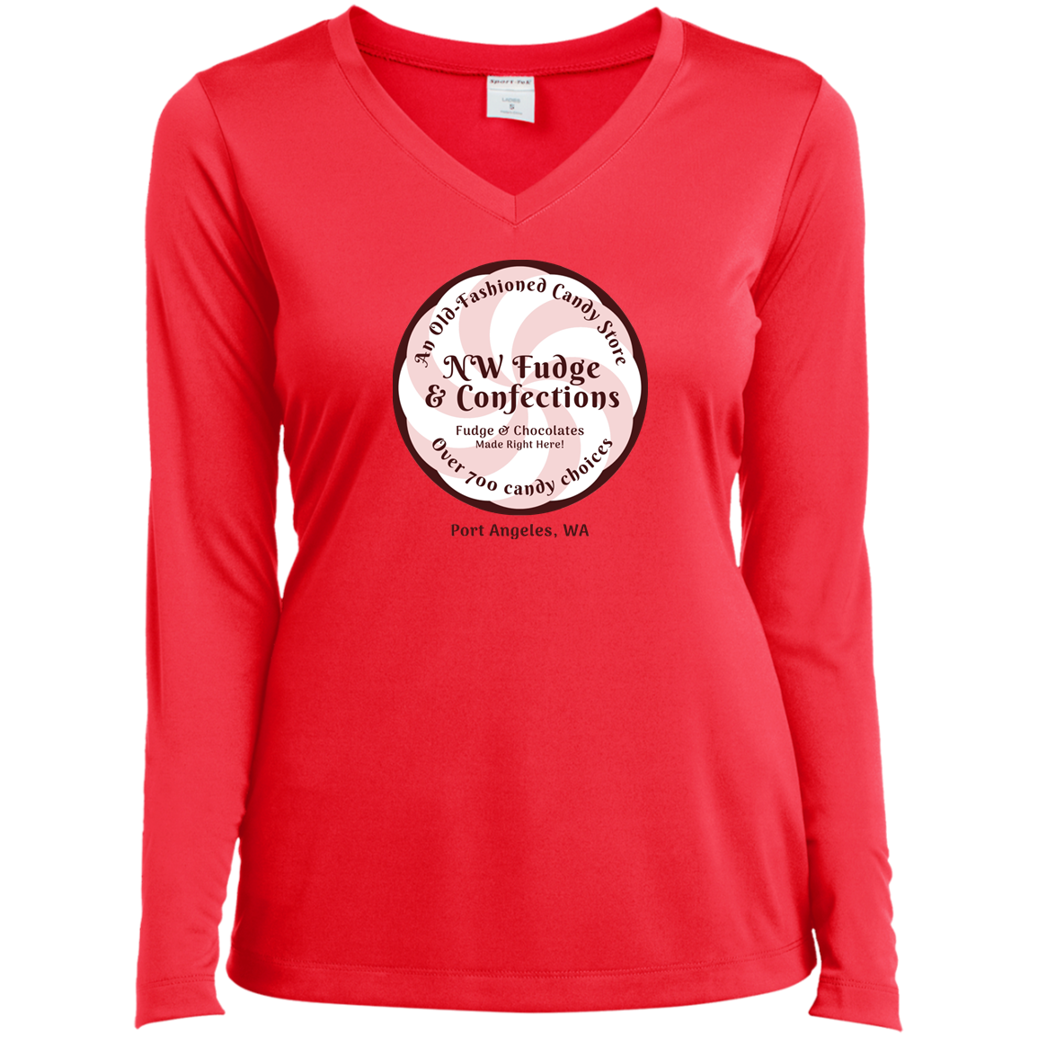 NW Fudge & Confections Ladies' LS Performance V-Neck T-Shirt