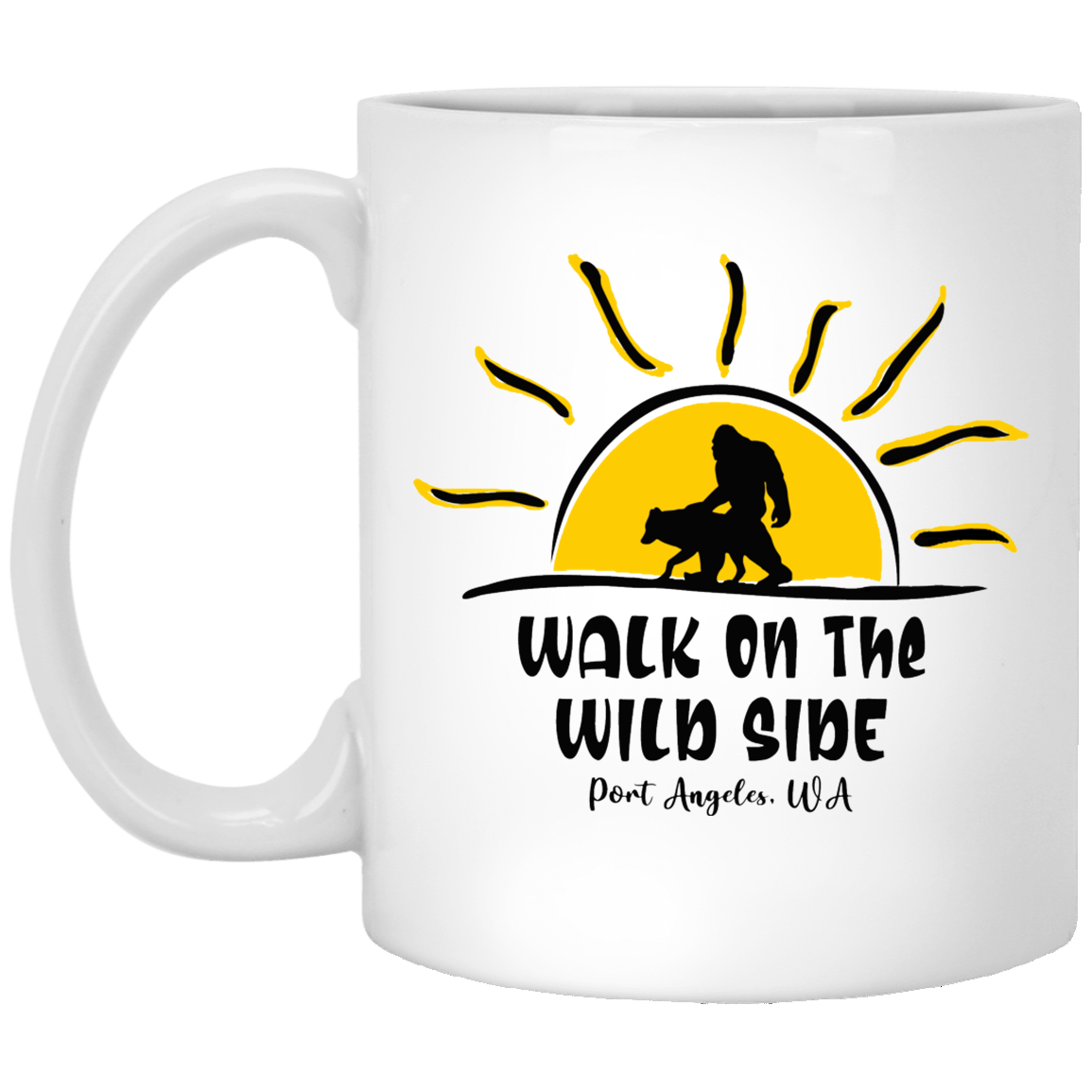 Sasquatch and Wolf Sunset White Mug