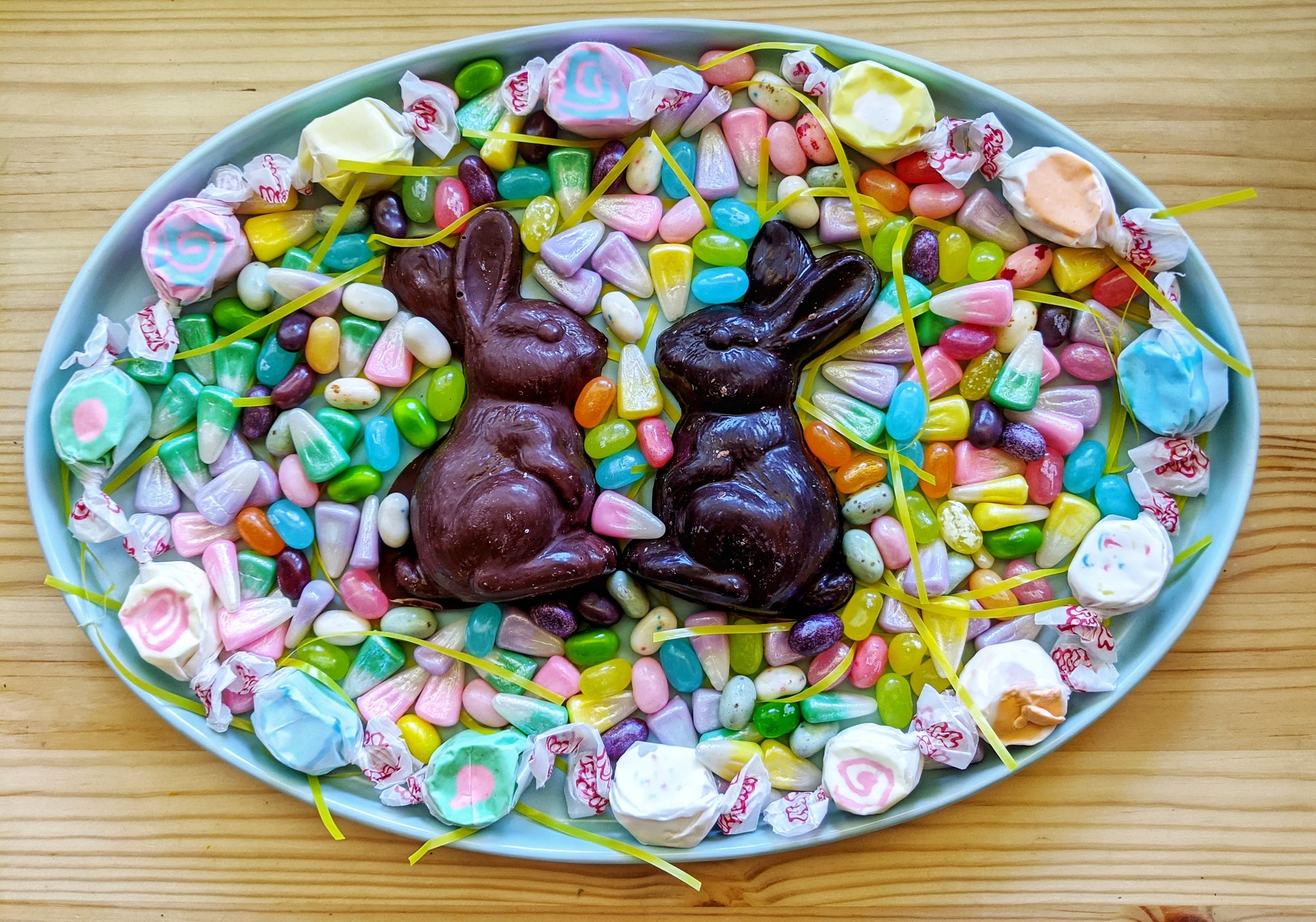 Milk and Dark bunnies in tray of Easter candy.